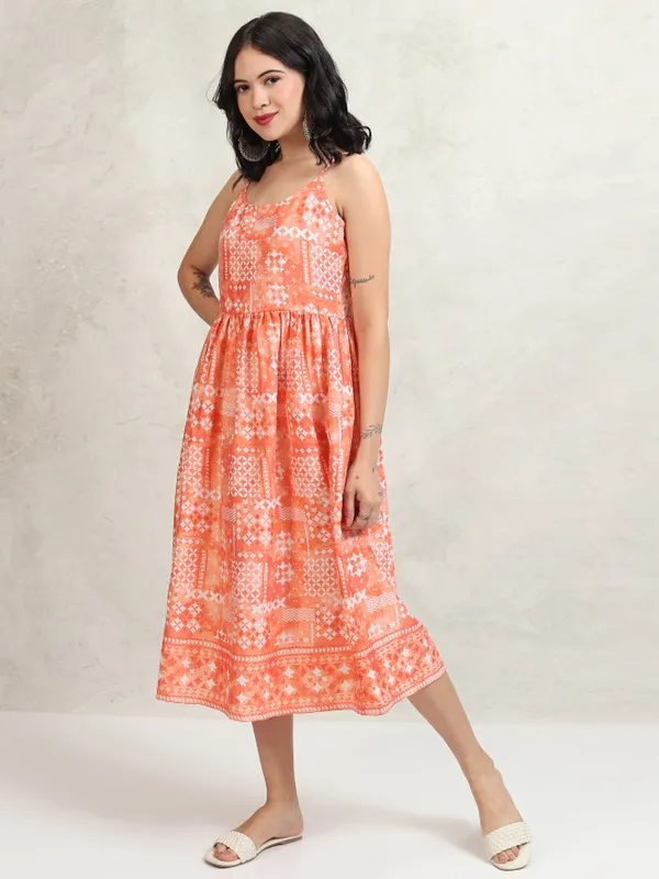 Tokyo Talkies Women Peach Printed Fit and Flare Dress