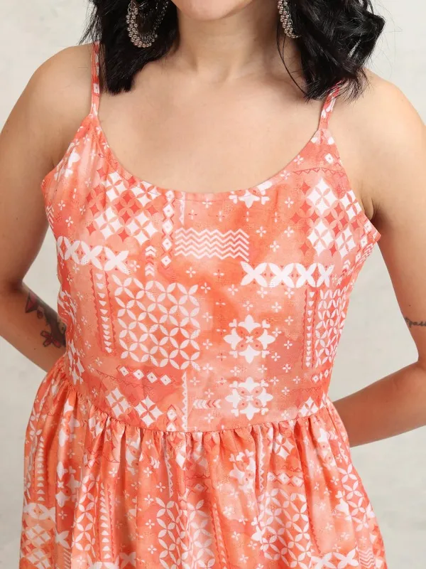 Tokyo Talkies Women Peach Printed Fit and Flare Dress