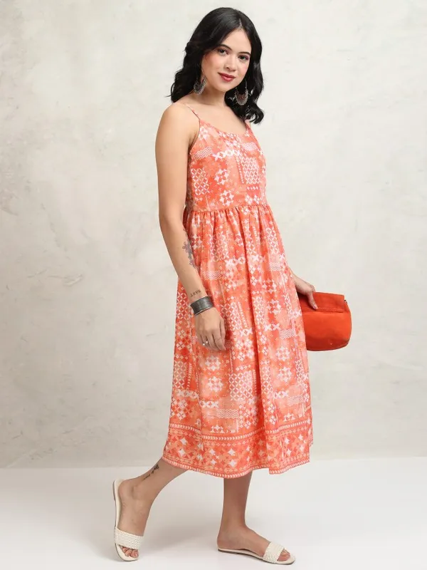 Tokyo Talkies Women Peach Printed Fit and Flare Dress