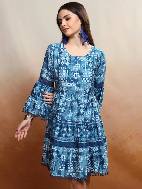 Vishudh Women Navy Blue Printed A-Line Dress