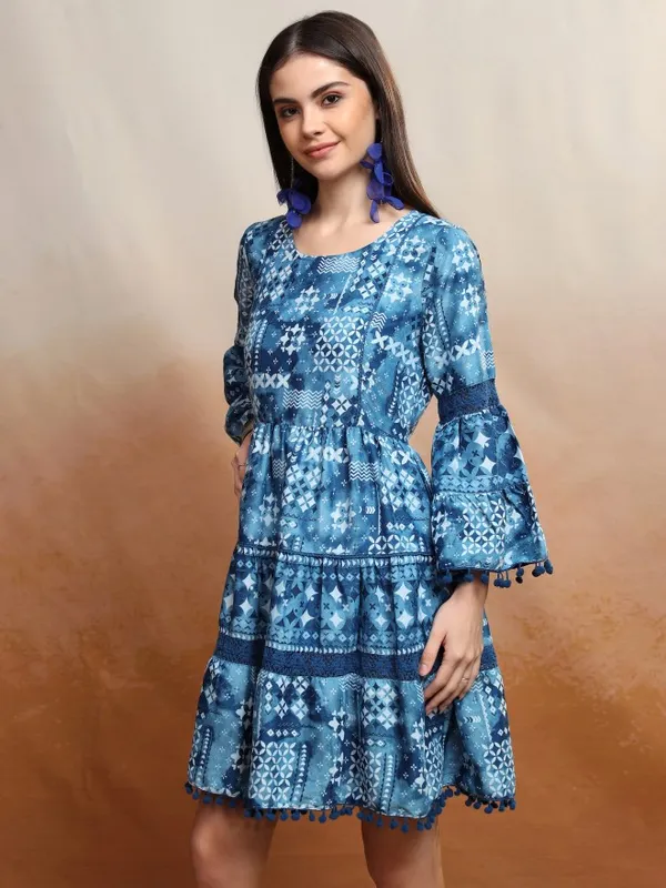 Vishudh Women Navy Blue Printed A-Line Dress