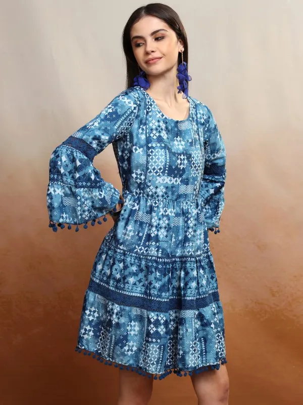 Vishudh Women Navy Blue Printed A-Line Dress