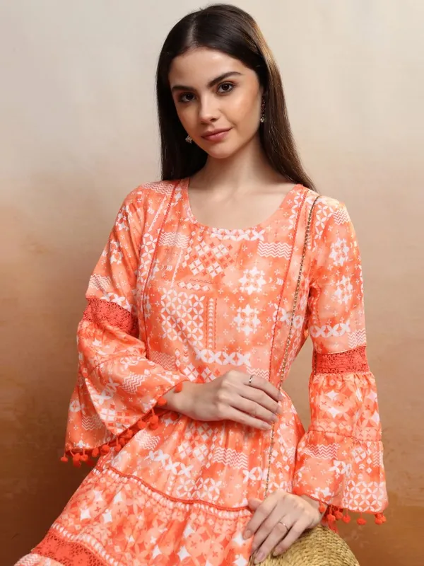 Vishudh Women Orange Printed Fit and Flare Dress