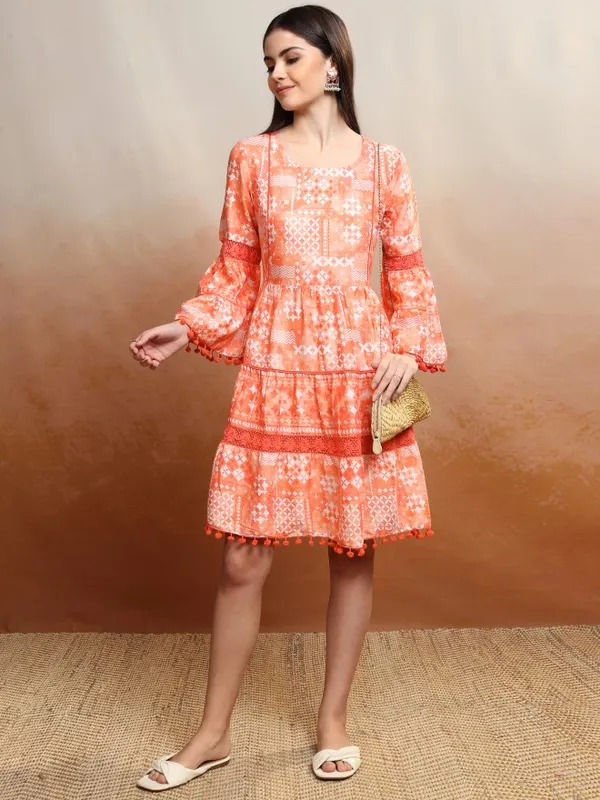 Vishudh Women Orange Printed Fit and Flare Dress