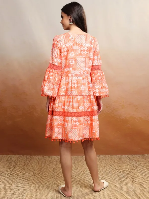 Vishudh Women Orange Printed Fit and Flare Dress