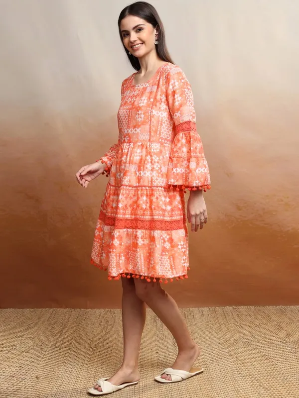 Vishudh Women Orange Printed Fit and Flare Dress