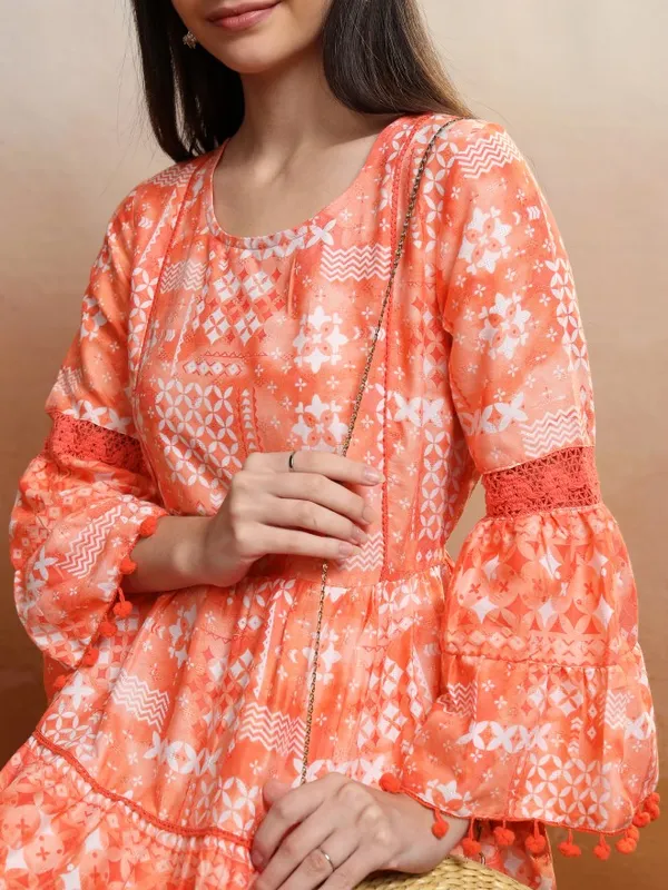 Vishudh Women Orange Printed Fit and Flare Dress