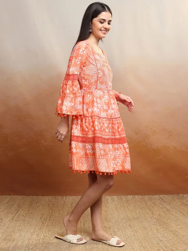 Vishudh Women Orange Printed Fit and Flare Dress