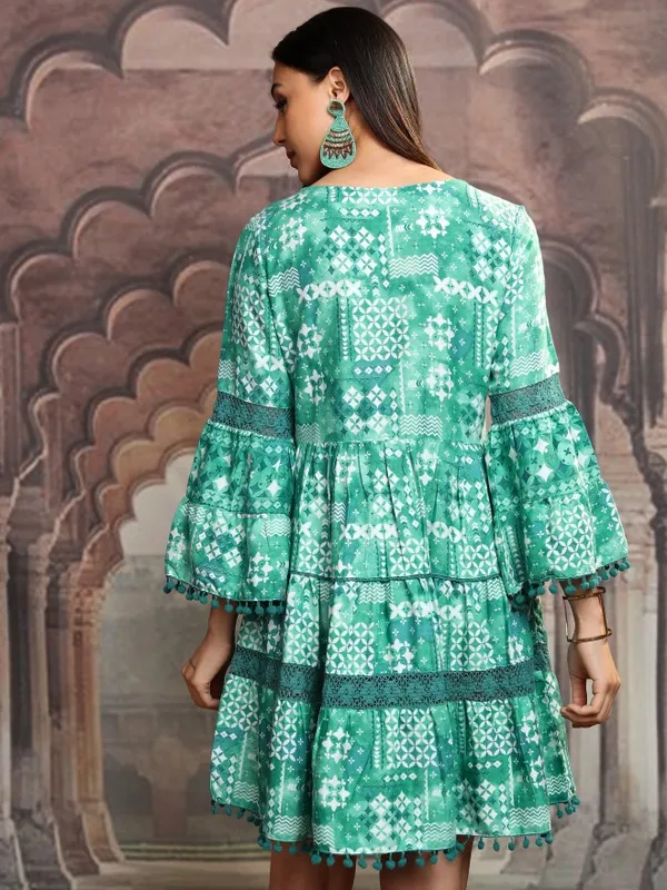 Vishudh Women Green Printed Fit and Flare Dress