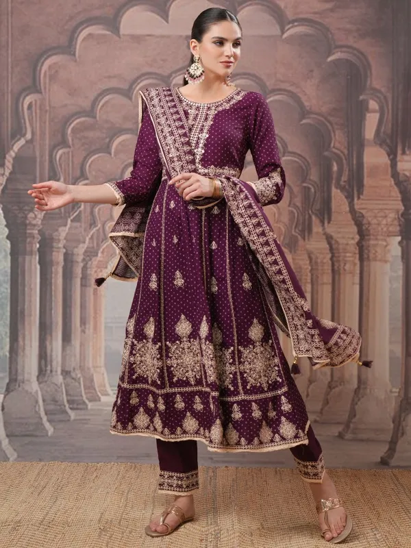Vishudh Women Maroon Embroidered Kurta With Trousers And Dupatta