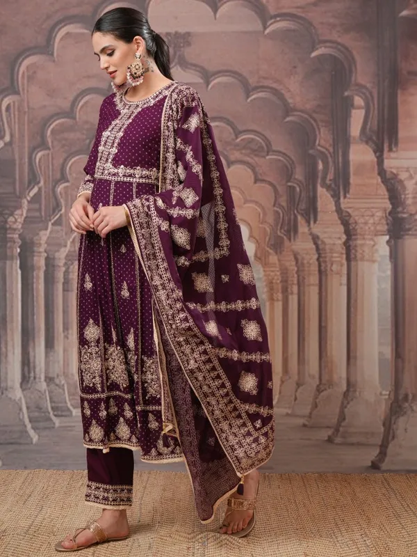 Vishudh Women Maroon Embroidered Kurta With Trousers And Dupatta
