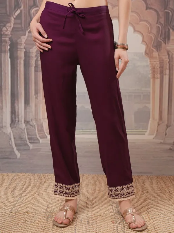 Vishudh Women Maroon Embroidered Kurta With Trousers And Dupatta