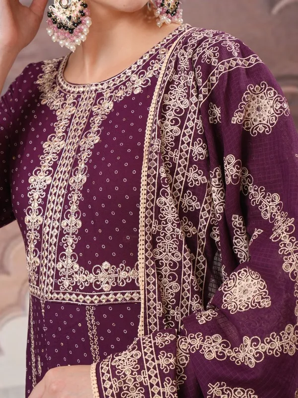 Vishudh Women Maroon Embroidered Kurta With Trousers And Dupatta