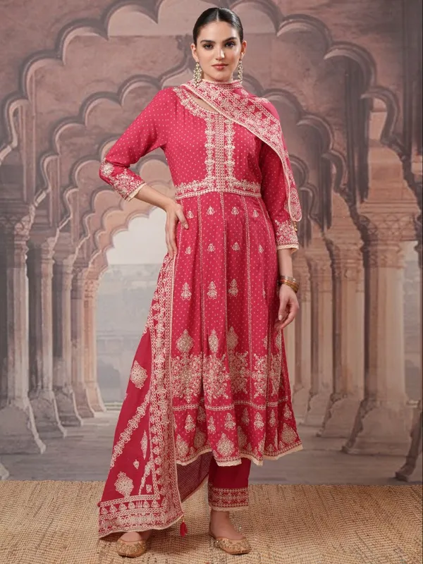 Vishudh Women Pink Embroidered Kurta With Trousers And Dupatta