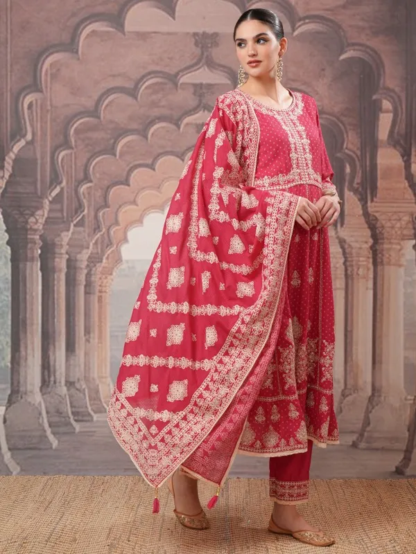 Vishudh Women Pink Embroidered Kurta With Trousers And Dupatta