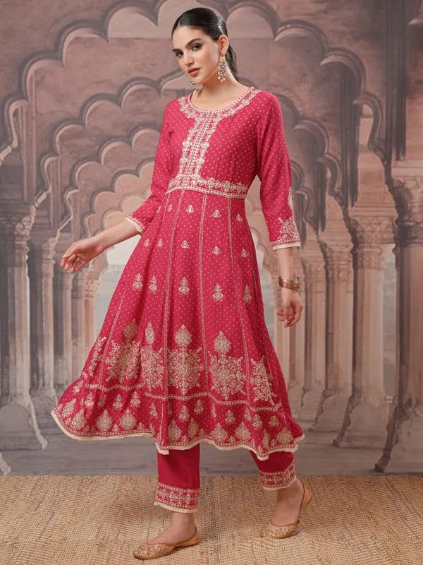 Vishudh Women Pink Embroidered Kurta With Trousers And Dupatta