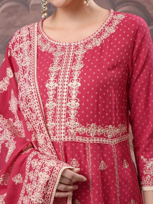 Vishudh Women Pink Embroidered Kurta With Trousers And Dupatta