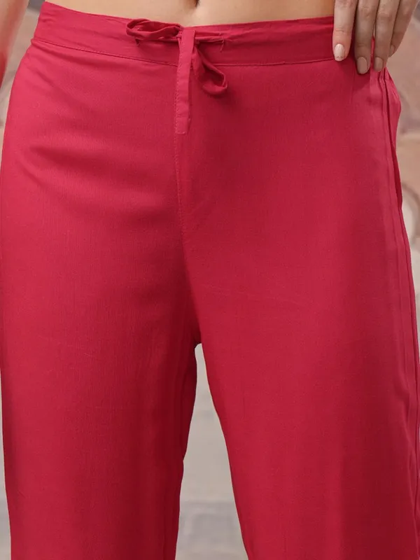Vishudh Women Pink Embroidered Kurta With Trousers And Dupatta