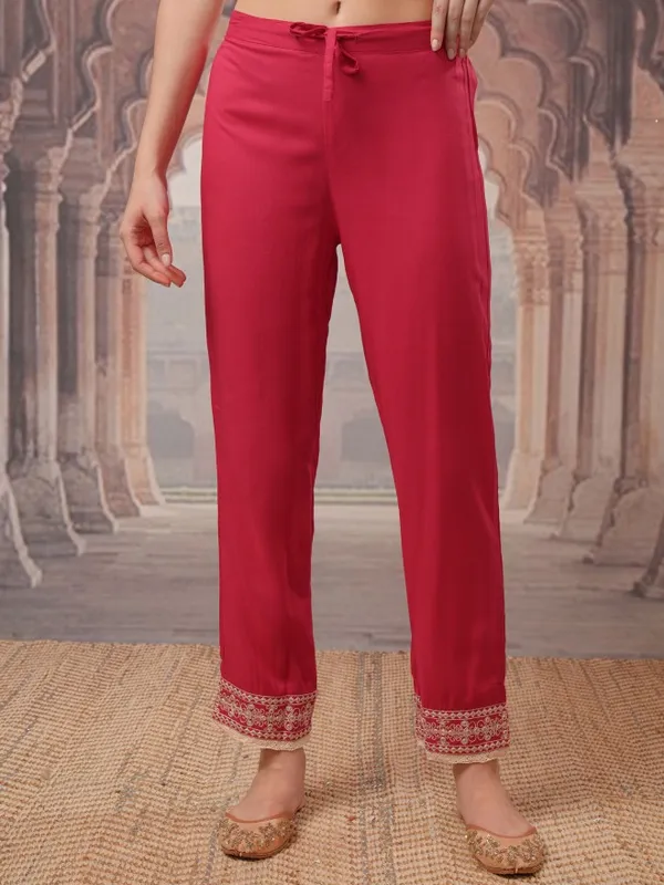 Vishudh Women Pink Embroidered Kurta With Trousers And Dupatta