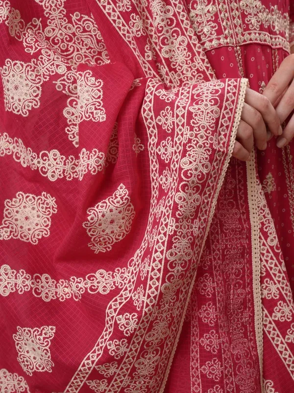 Vishudh Women Pink Embroidered Kurta With Trousers And Dupatta