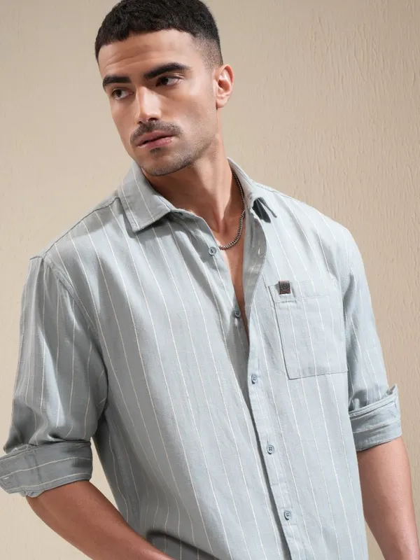 Locomotive Men Sage Striped Relaxed Fit Casual Shirt