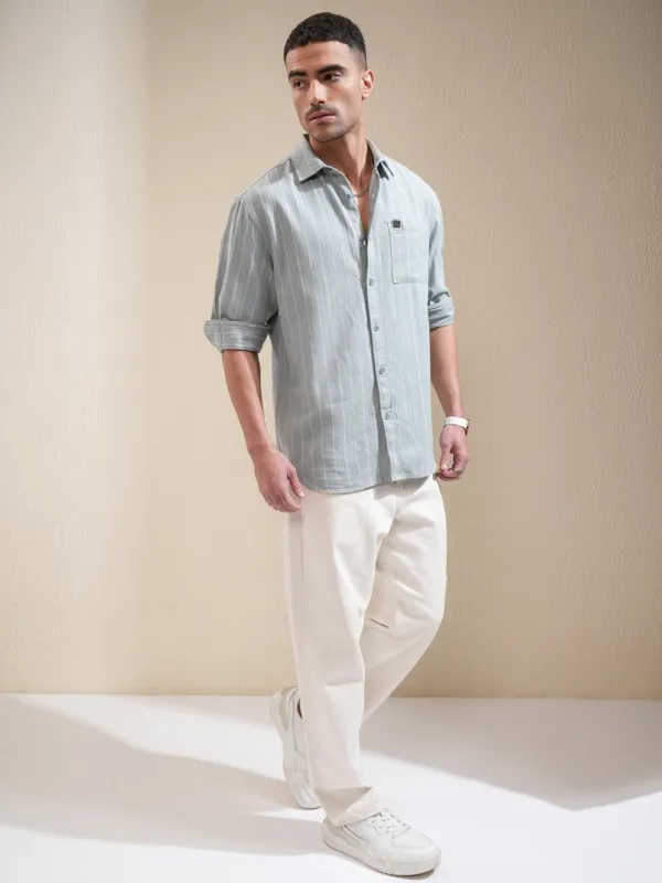 Locomotive Men Sage Striped Relaxed Fit Casual Shirt