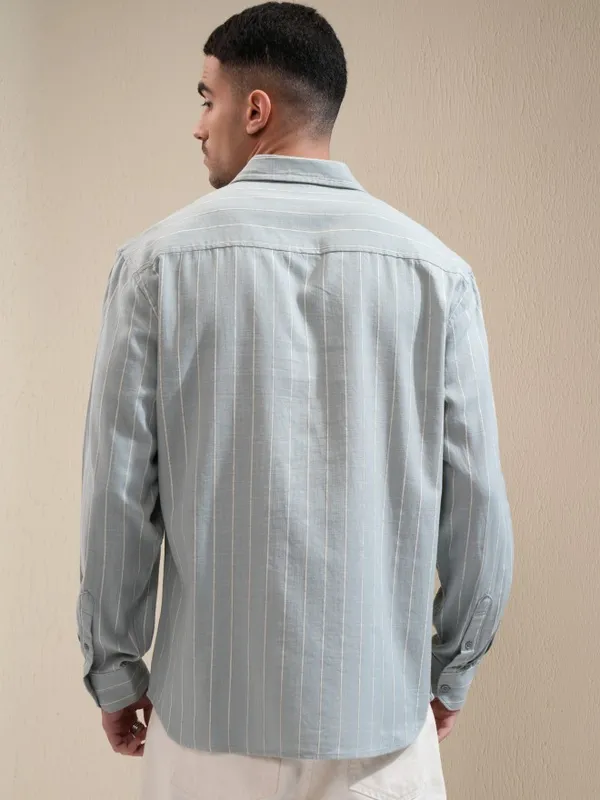 Locomotive Men Sage Striped Relaxed Fit Casual Shirt