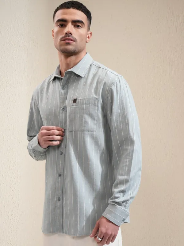 Locomotive Men Sage Striped Relaxed Fit Casual Shirt