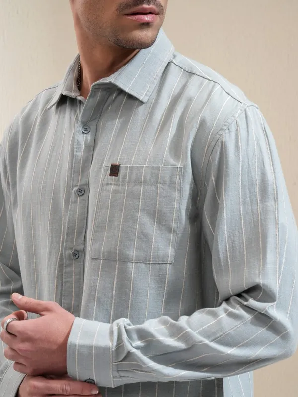 Locomotive Men Sage Striped Relaxed Fit Casual Shirt