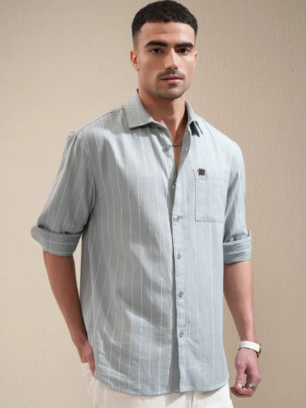 Locomotive Men Sage Striped Relaxed Fit Casual Shirt