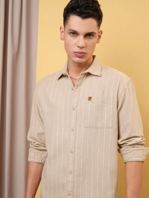 Locomotive Premium Men Khaki Dobby Textured Relaxed Shirt