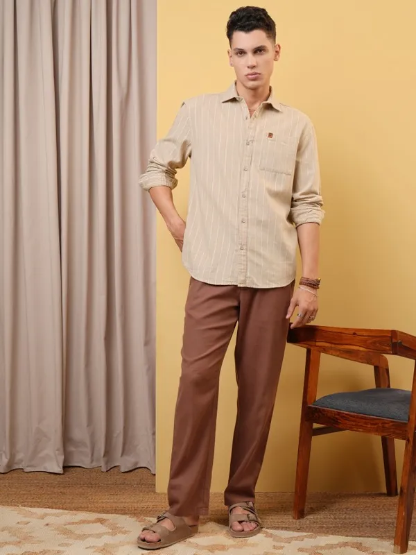 Locomotive Premium Men Khaki Dobby Textured Relaxed Shirt