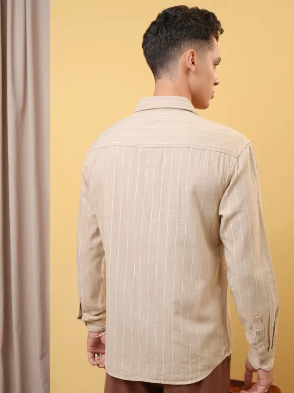 Locomotive Premium Men Khaki Dobby Textured Relaxed Shirt