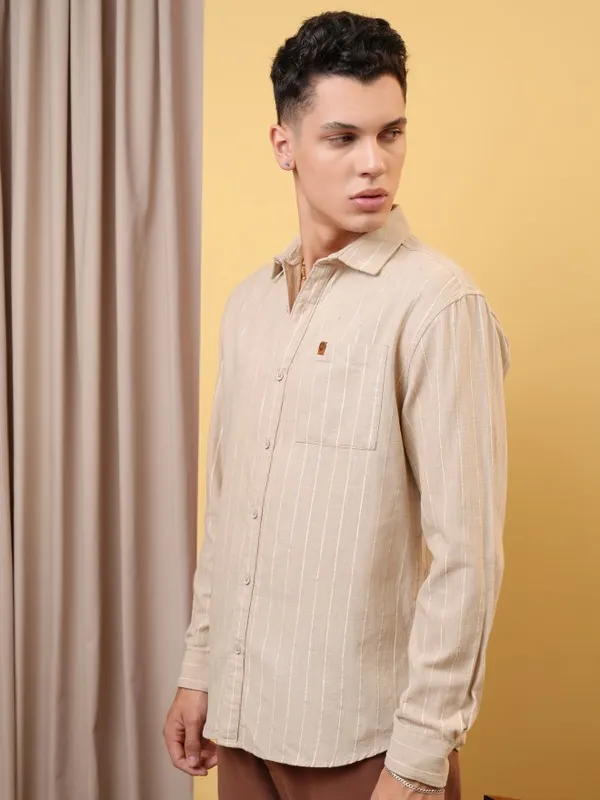 Locomotive Premium Men Khaki Dobby Textured Relaxed Shirt