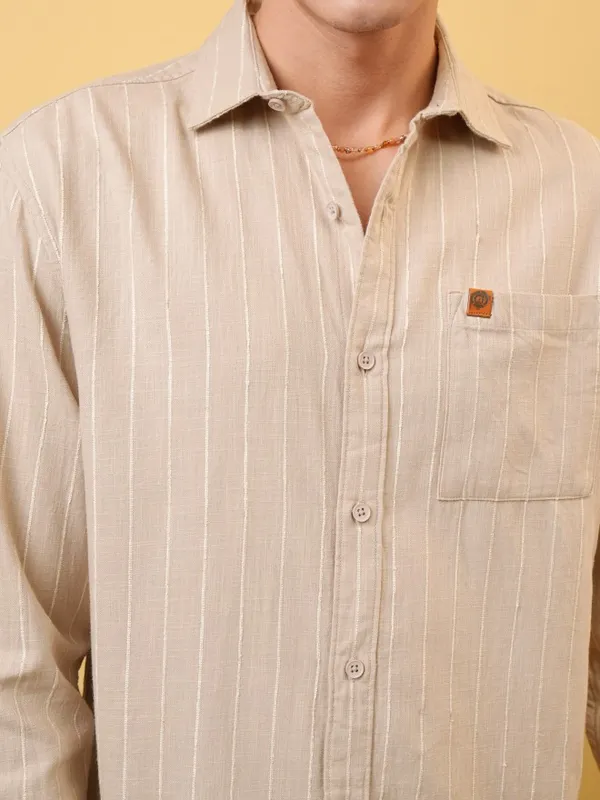 Locomotive Premium Men Khaki Dobby Textured Relaxed Shirt
