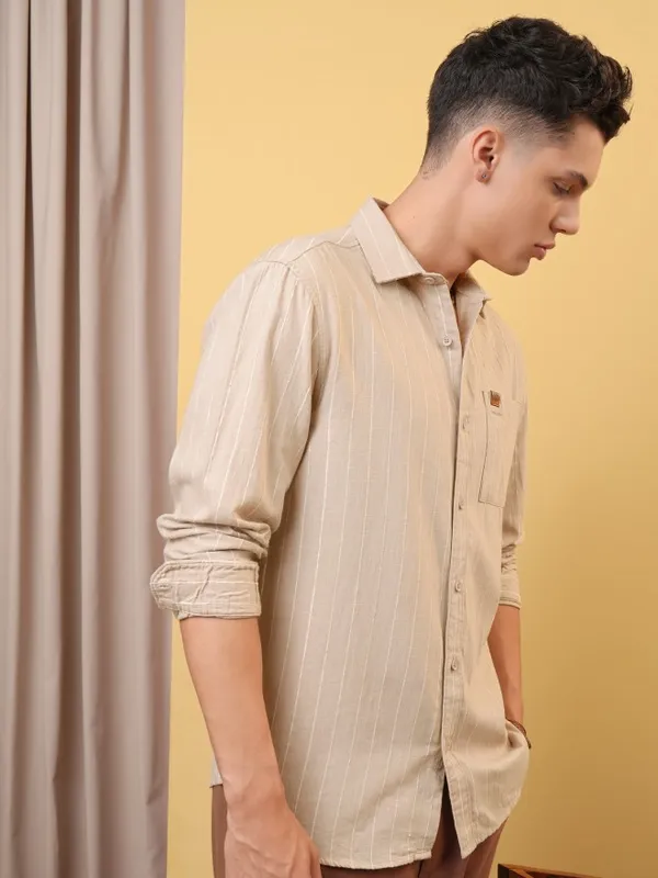 Locomotive Premium Men Khaki Dobby Textured Relaxed Shirt