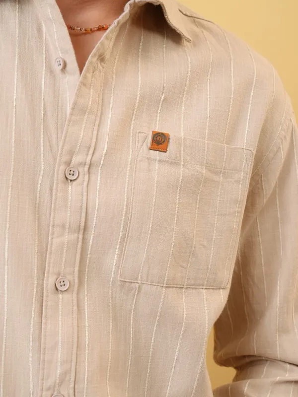 Locomotive Premium Men Khaki Dobby Textured Relaxed Shirt