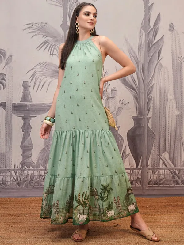  Vishudh Women Green Printed Maxi Dresses