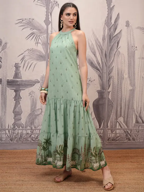  Vishudh Women Green Printed Maxi Dresses