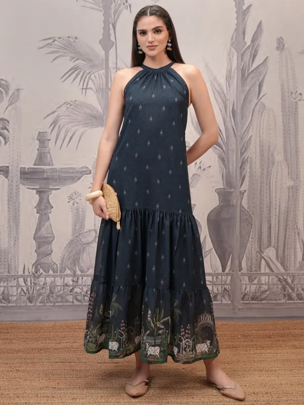 Vishudh Women Navy Blue Printed Maxi Dress