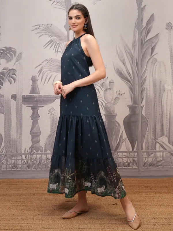 Vishudh Women Navy Blue Printed Maxi Dress