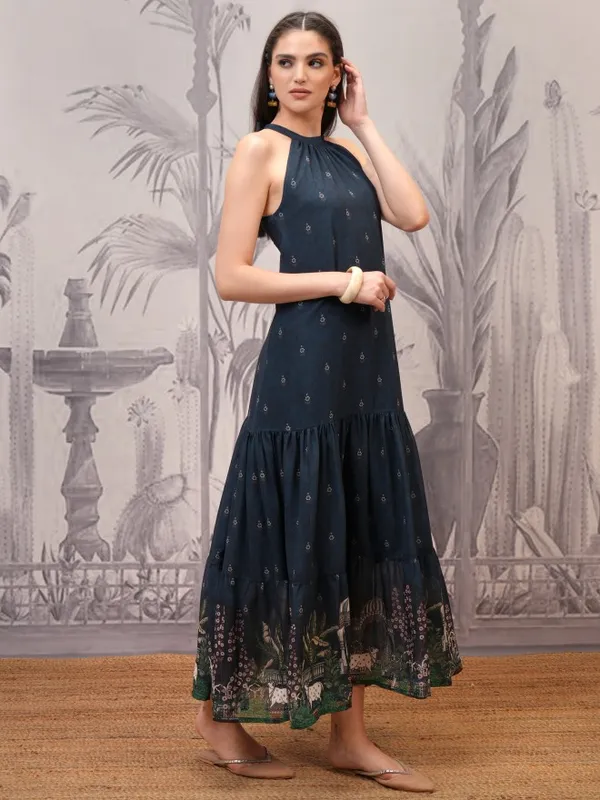 Vishudh Women Navy Blue Printed Maxi Dress