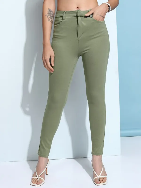 Tokyo Talkies Women Green Solid Slim Fit Chinos