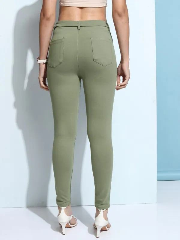 Tokyo Talkies Women Green Solid Slim Fit Chinos