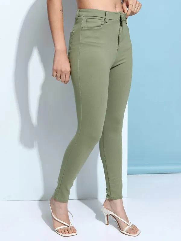 Tokyo Talkies Women Green Solid Slim Fit Chinos