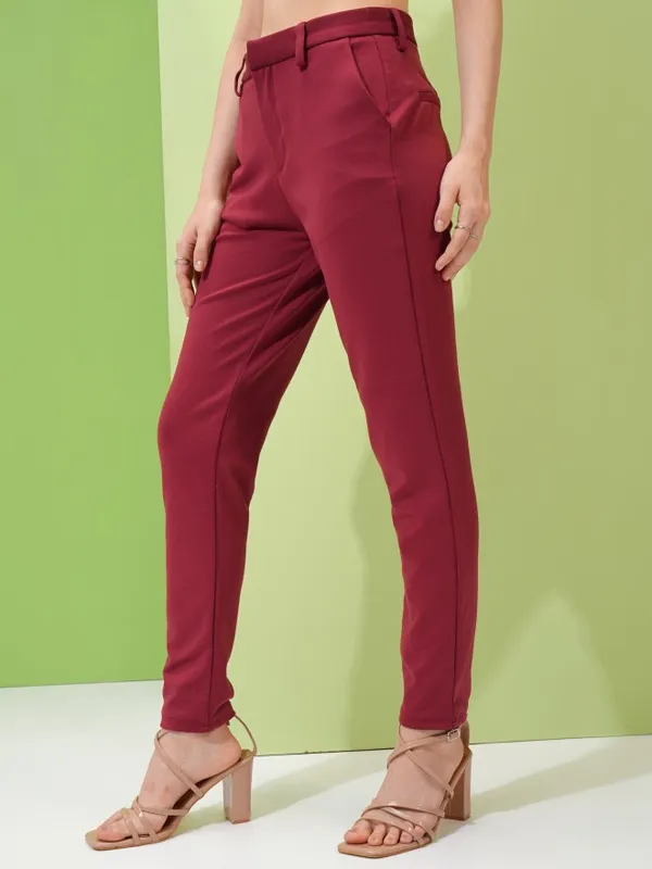 Tokyo Talkies Women Maroon Solid Slim Fit Casual Trouser
