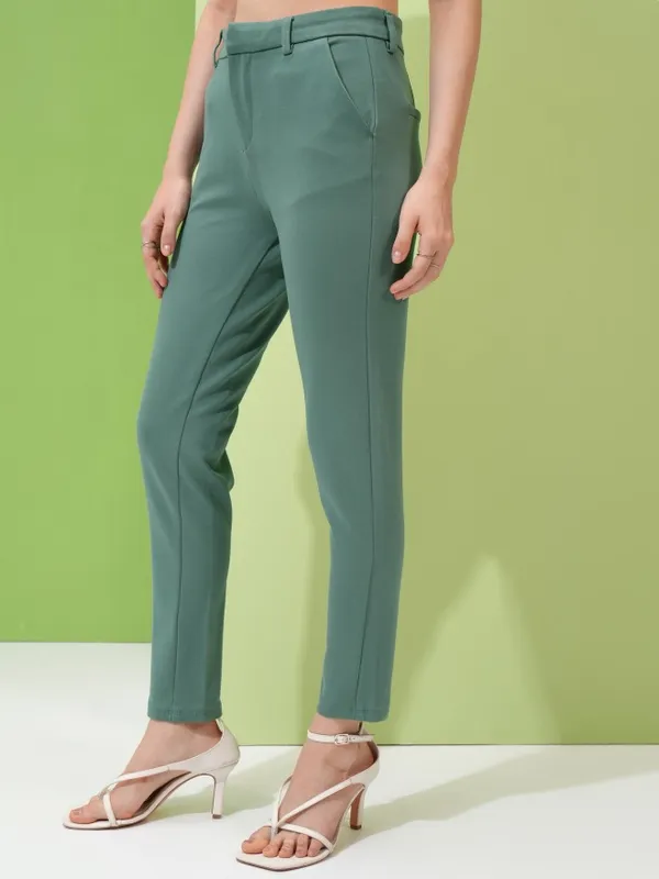 Tokyo Talkies Women Teal Solid Slim Fit Chinos