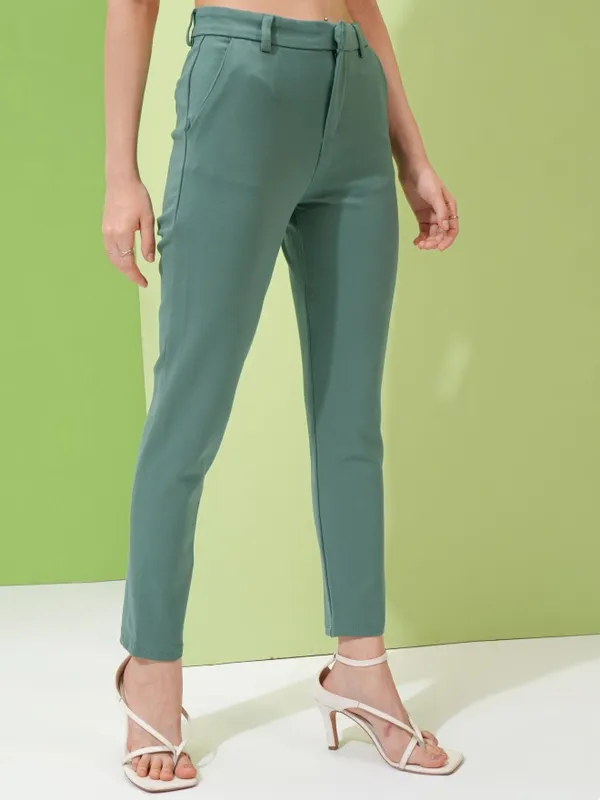Tokyo Talkies Women Teal Solid Slim Fit Chinos