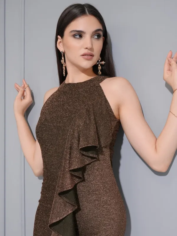 Tokyo Talkies Women Bronze Solid Maxi Dress