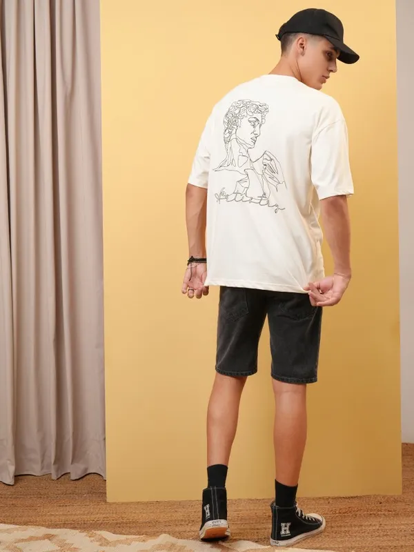 Locomotive Premium Men Off White Round Neck Half Sleeve Oversized T-Shirt